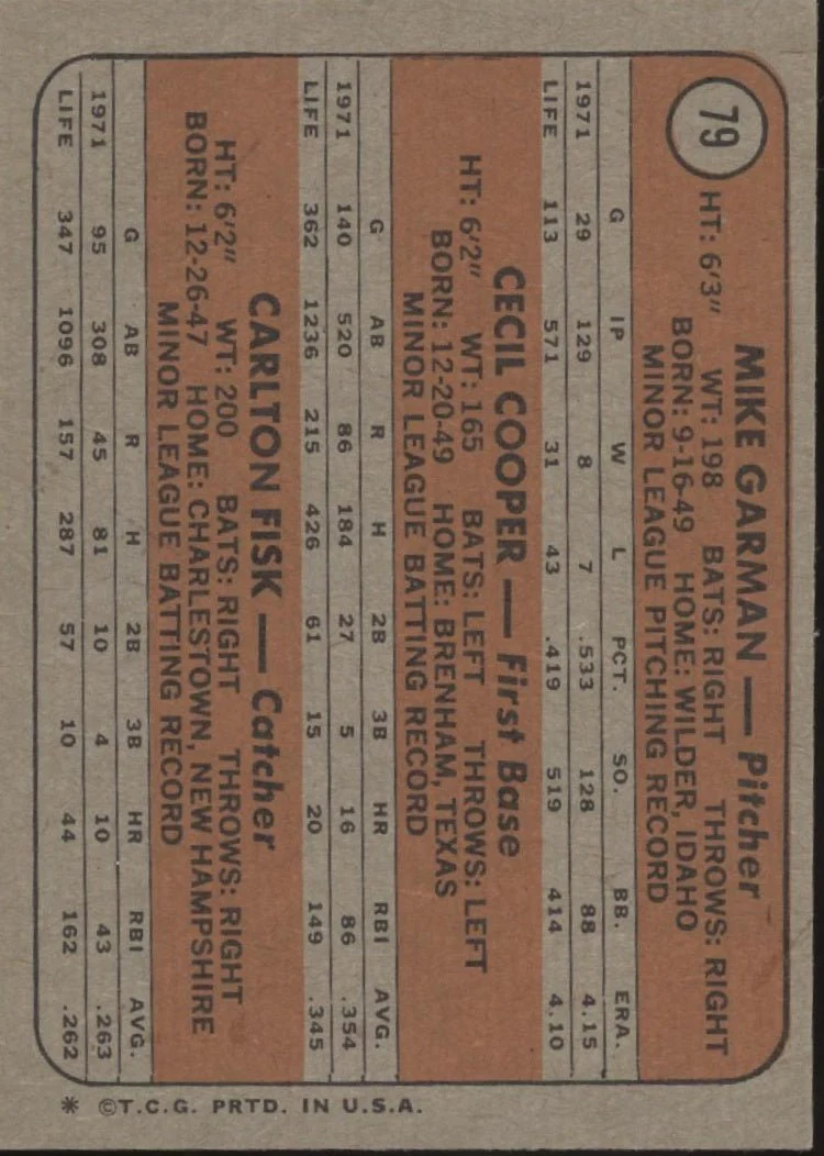 Garman / Cooper / Fisk 1972 Topps Boston Red Sox Rookie Stars #79 EX