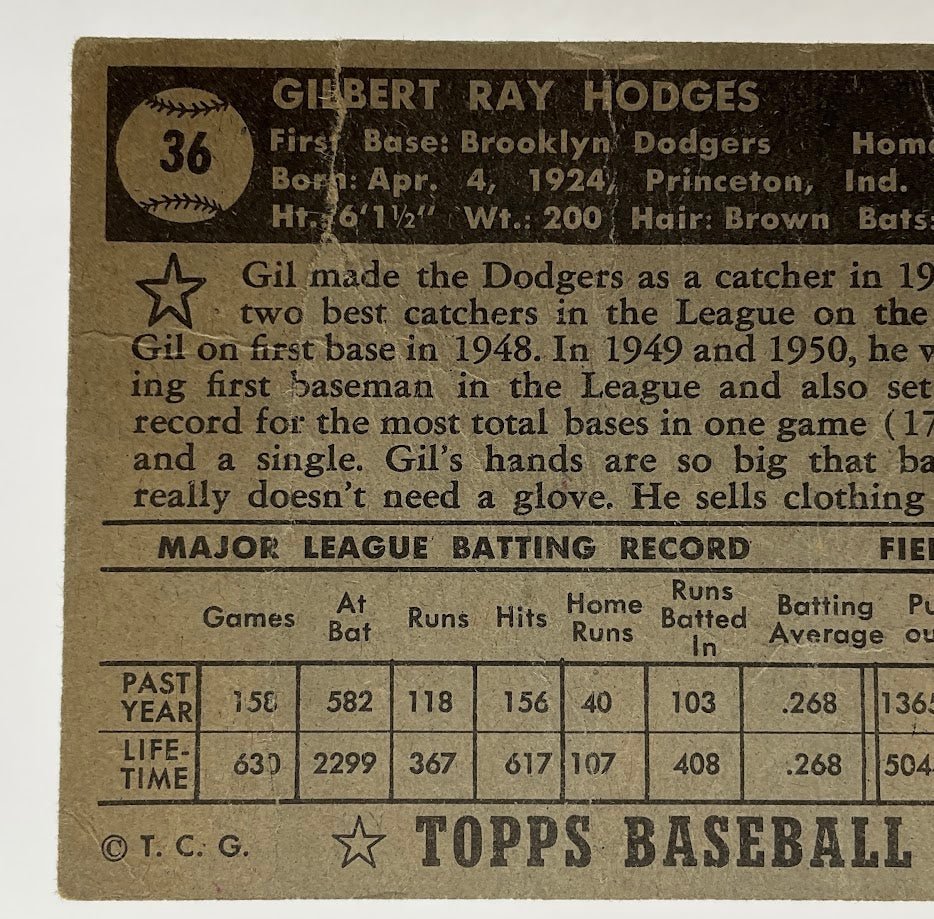 Gil Hodges 1952 Topps #36 Brooklyn Dodgers PR