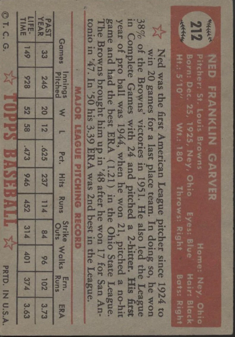 Ned Garver 1952 Topps #212 St. Louis Browns VG