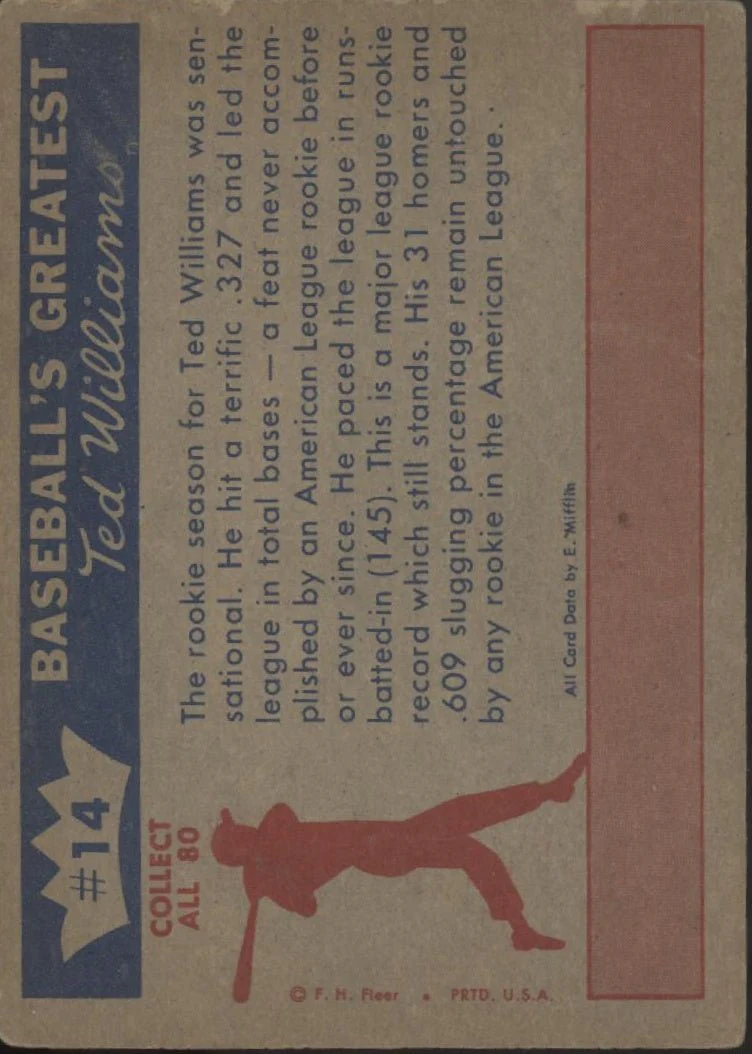 Outstanding Rookie of 1939 1959 Fleer Ted Williams #14 Boston Red Sox EX
