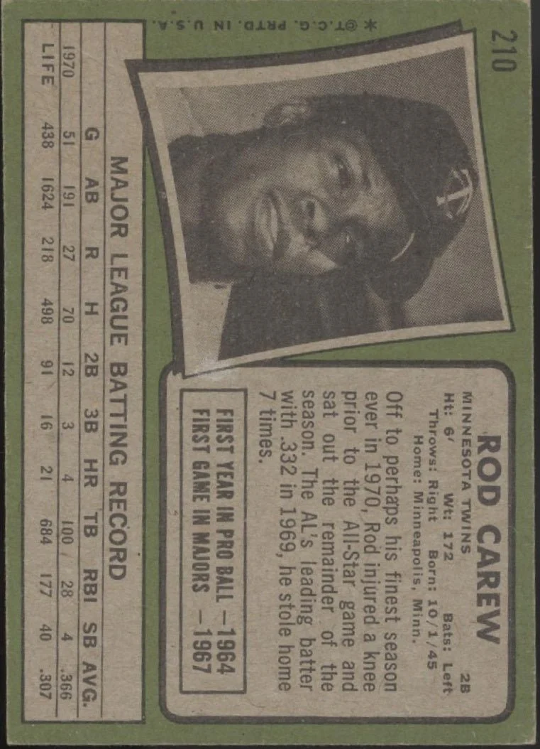 Rod Carew 1971 Topps #210 Minnesota Twins VG-EX