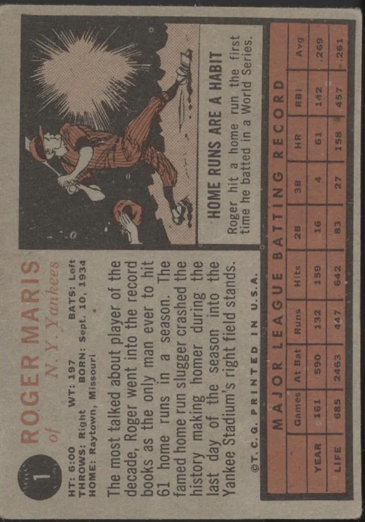 Roger Maris 1962 Topps #1 New York Yankees VG