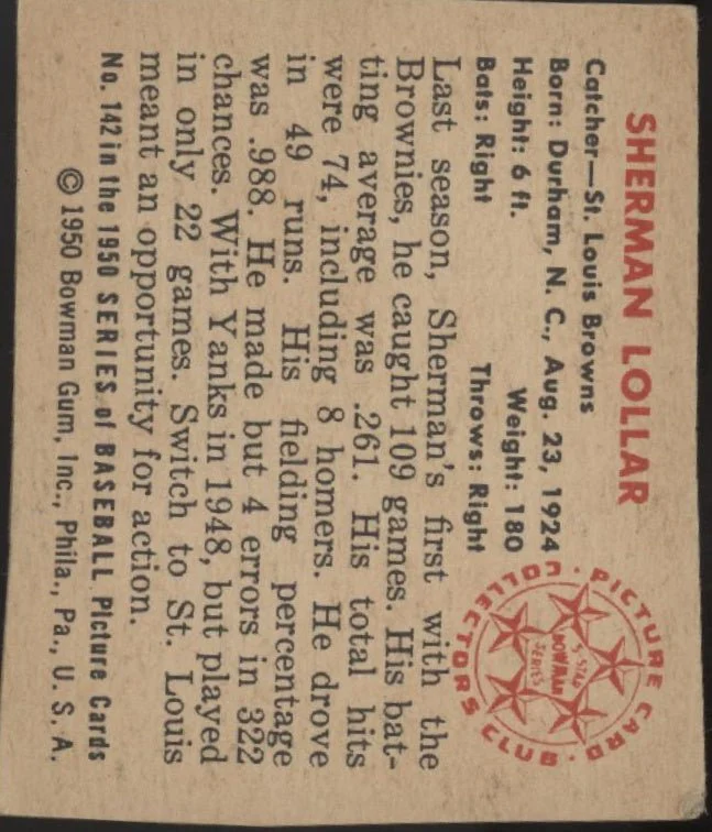 Sherman Lollar 1950 Bowman RC #142 St. Louis Browns VG