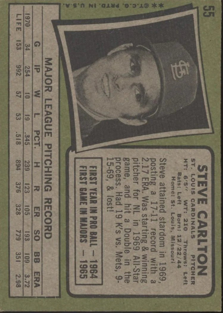 Steve Carlton 1971 Topps #55 St. Louis Cardinals VG-EX #2