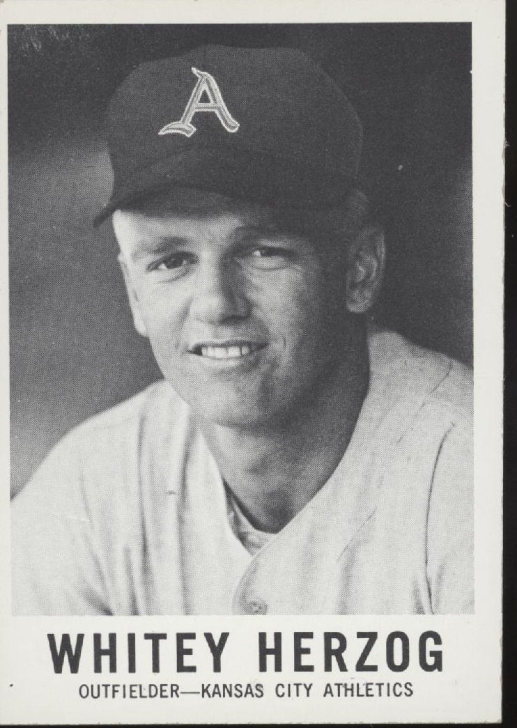 1043-whitey-herzog-1960-leaf-71-kansas-city-athletics-ex-1.jpg Whitey Herzog 1960 Leaf #71 Kansas City Athletics EX