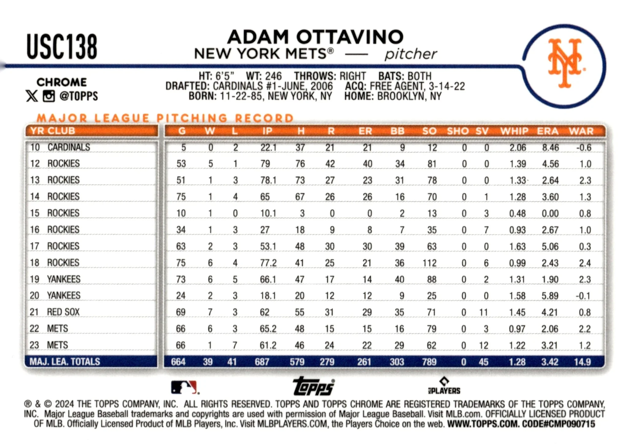 Adam Ottavino 2024 Topps Chrome Green Ray Wave Refractor 56/99 #USC138
