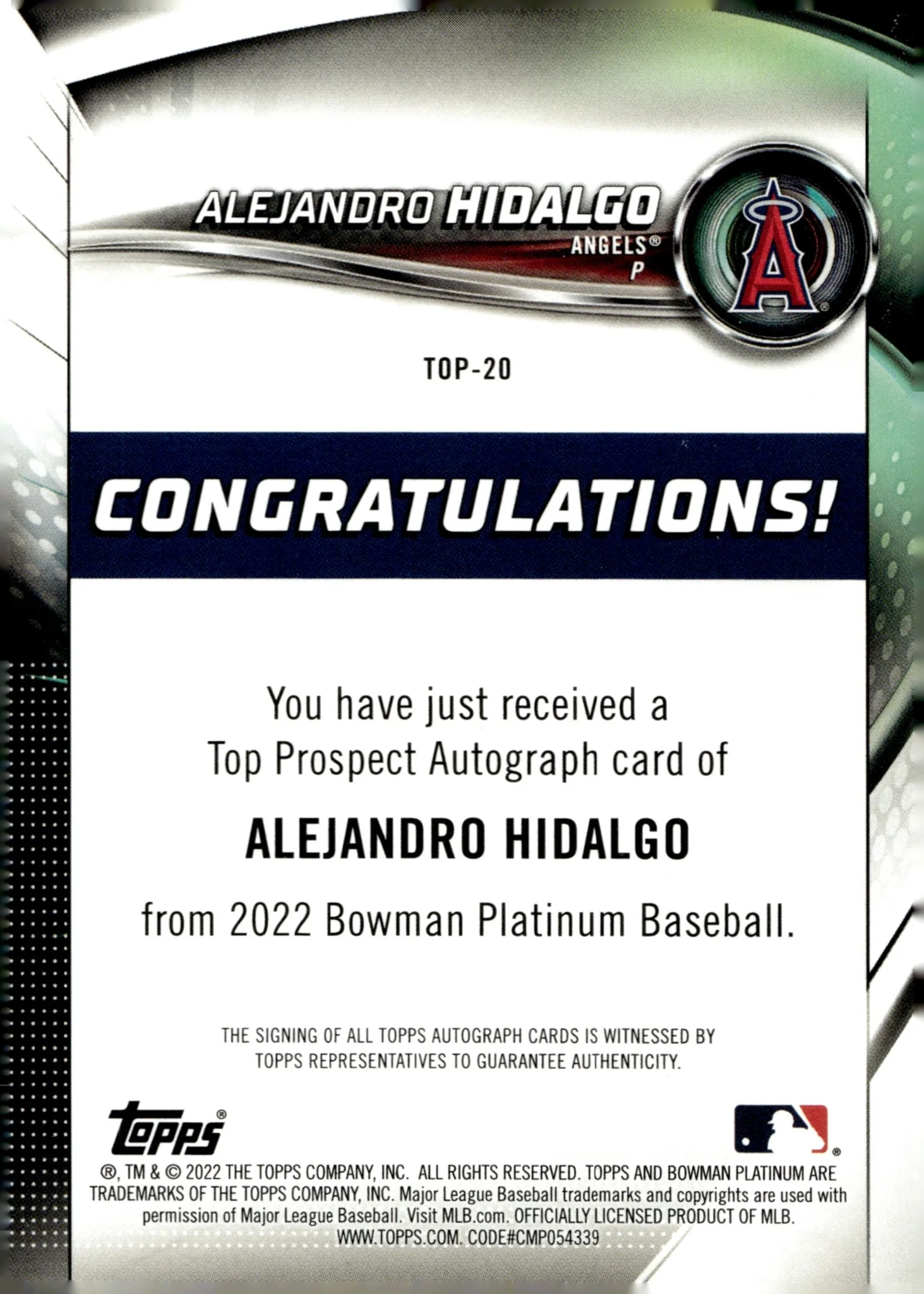 Alejandro Hidalgo 2022 Bowman Platinum Auto 48/50 #TOP-20