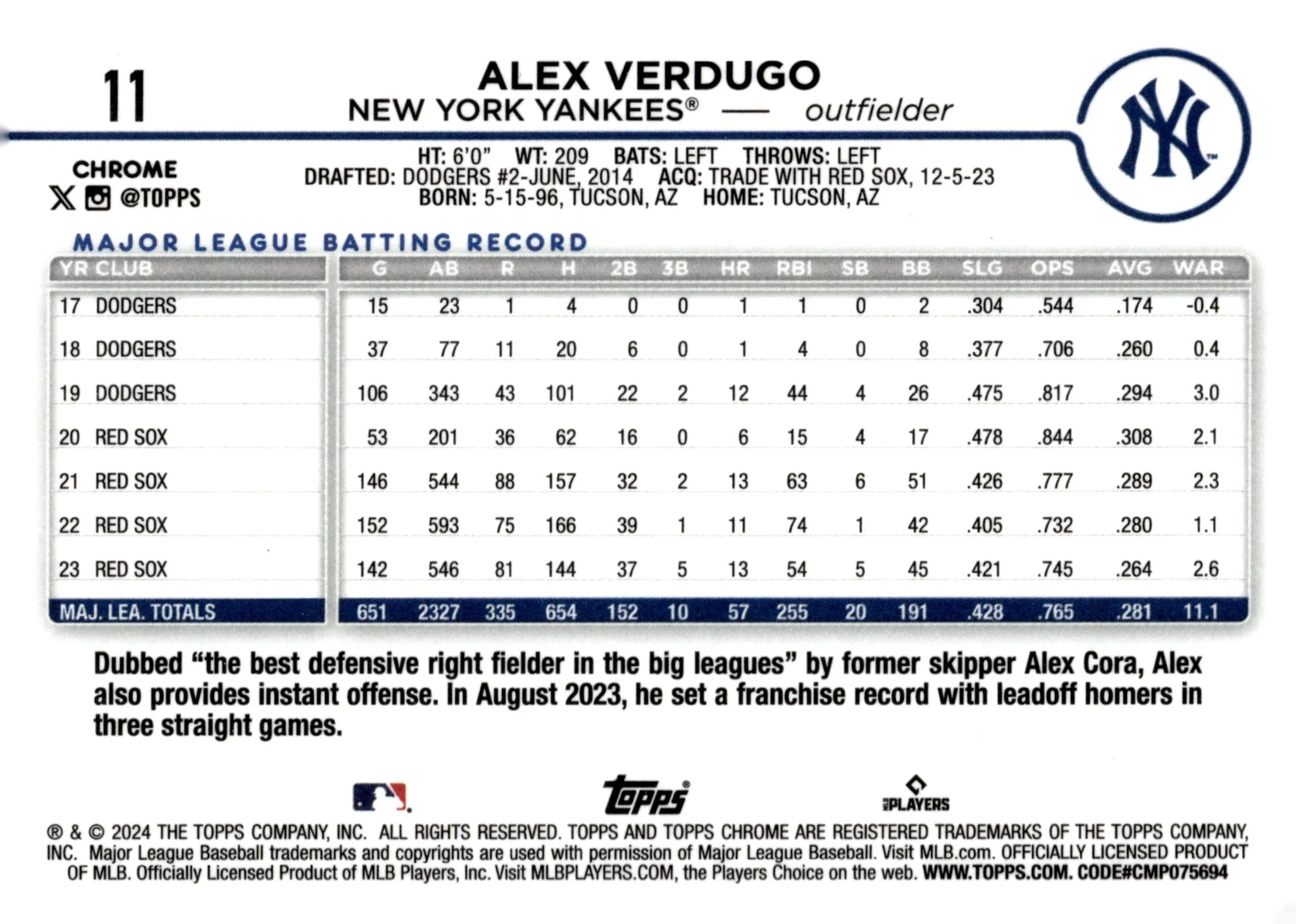 Alex Verdugo 2024 Topps Chrome Purple Sonar Refractor 213/275 #11
