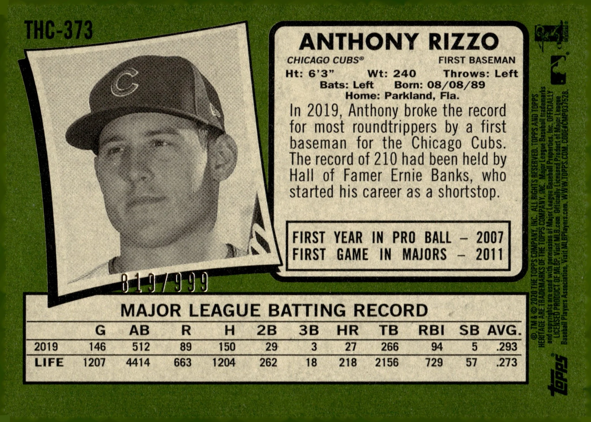 Anthony Rizzo 2020 Topps Chrome Heritage 819/999 #THC-373