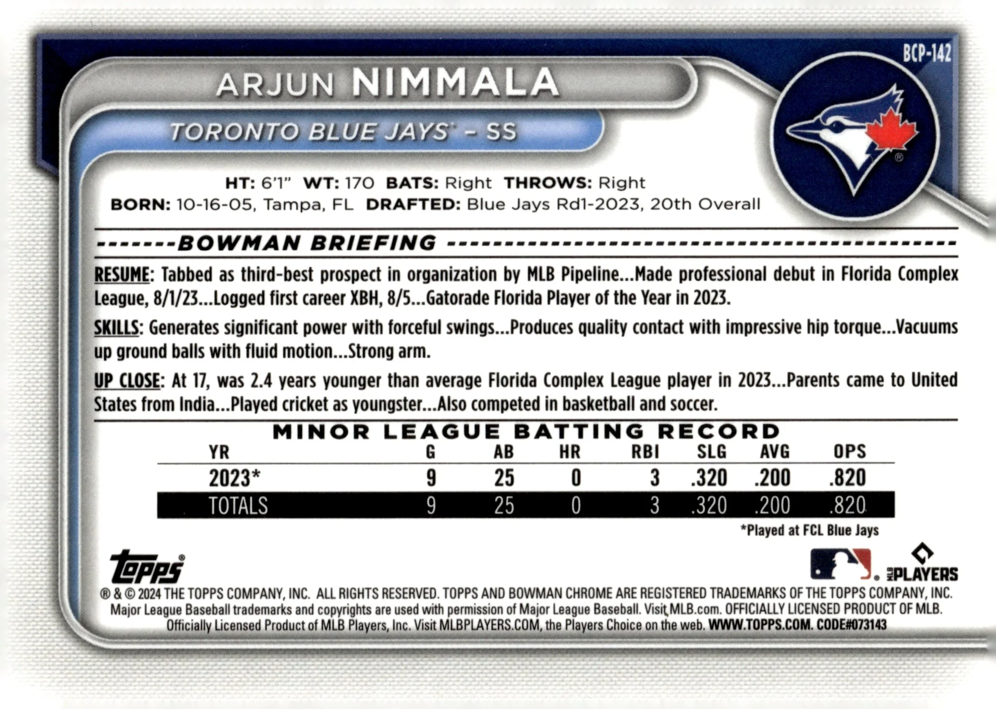 Arjun Nimmala 2024 Bowman Chrome Green Lunar Rock Refractor #BCP-142