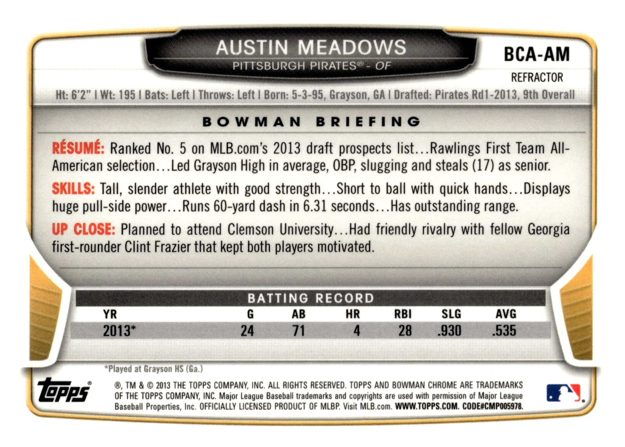 Austin Meadows 2013 Bowman Chrome Refractor Auto #BCA-AM