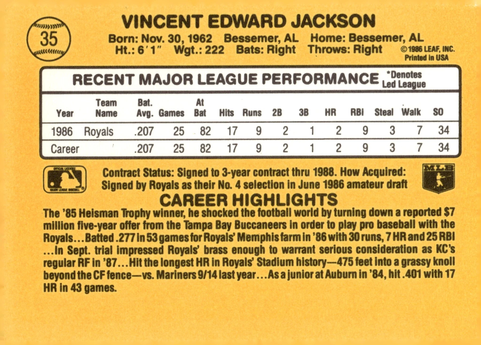 Bo Jackson 1987 Donruss Rated Rookie RC #35