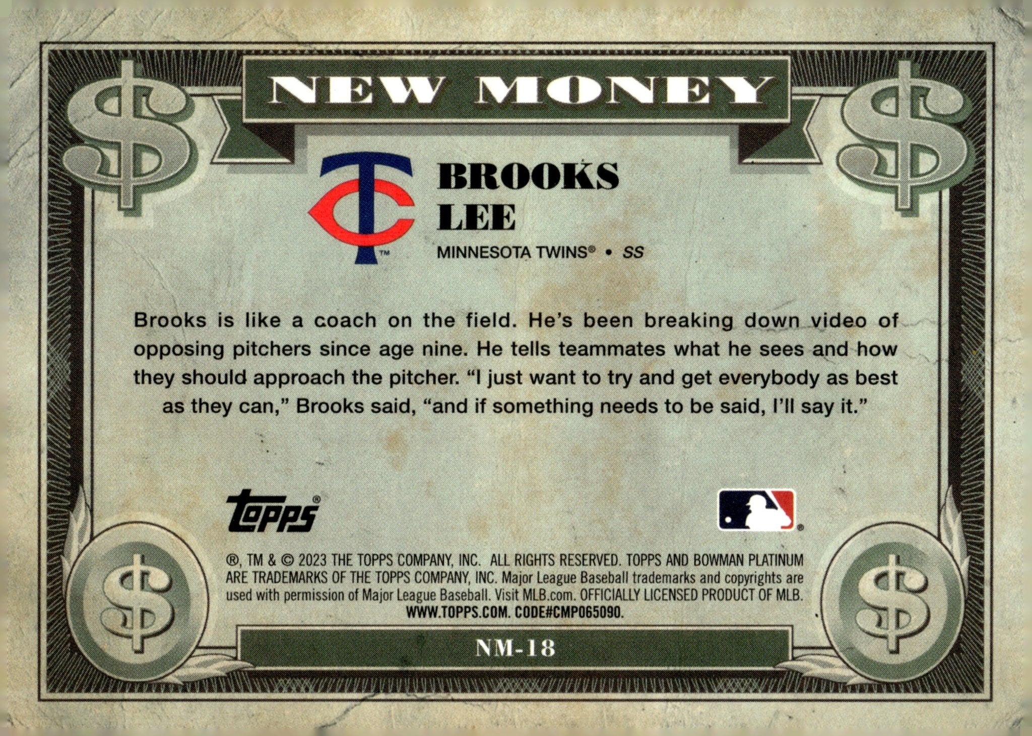Brooks Lee 2023 Bowman Platinum New Money #NM-18