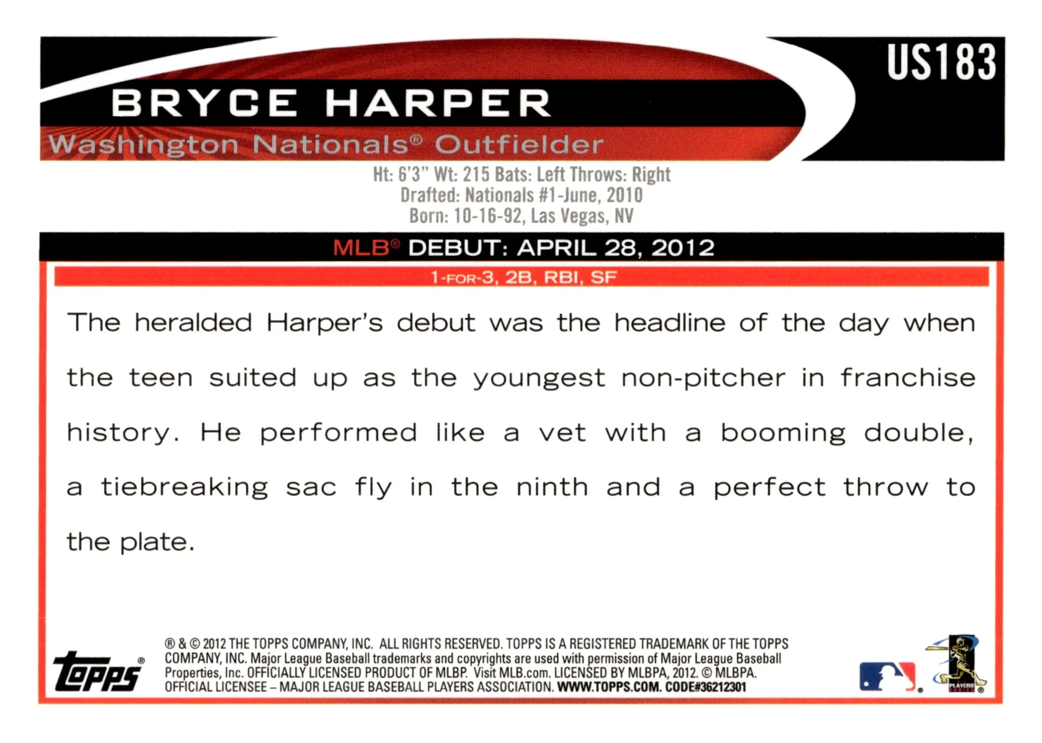 Bryce Harper 2012 Topps Update Series RC #US183