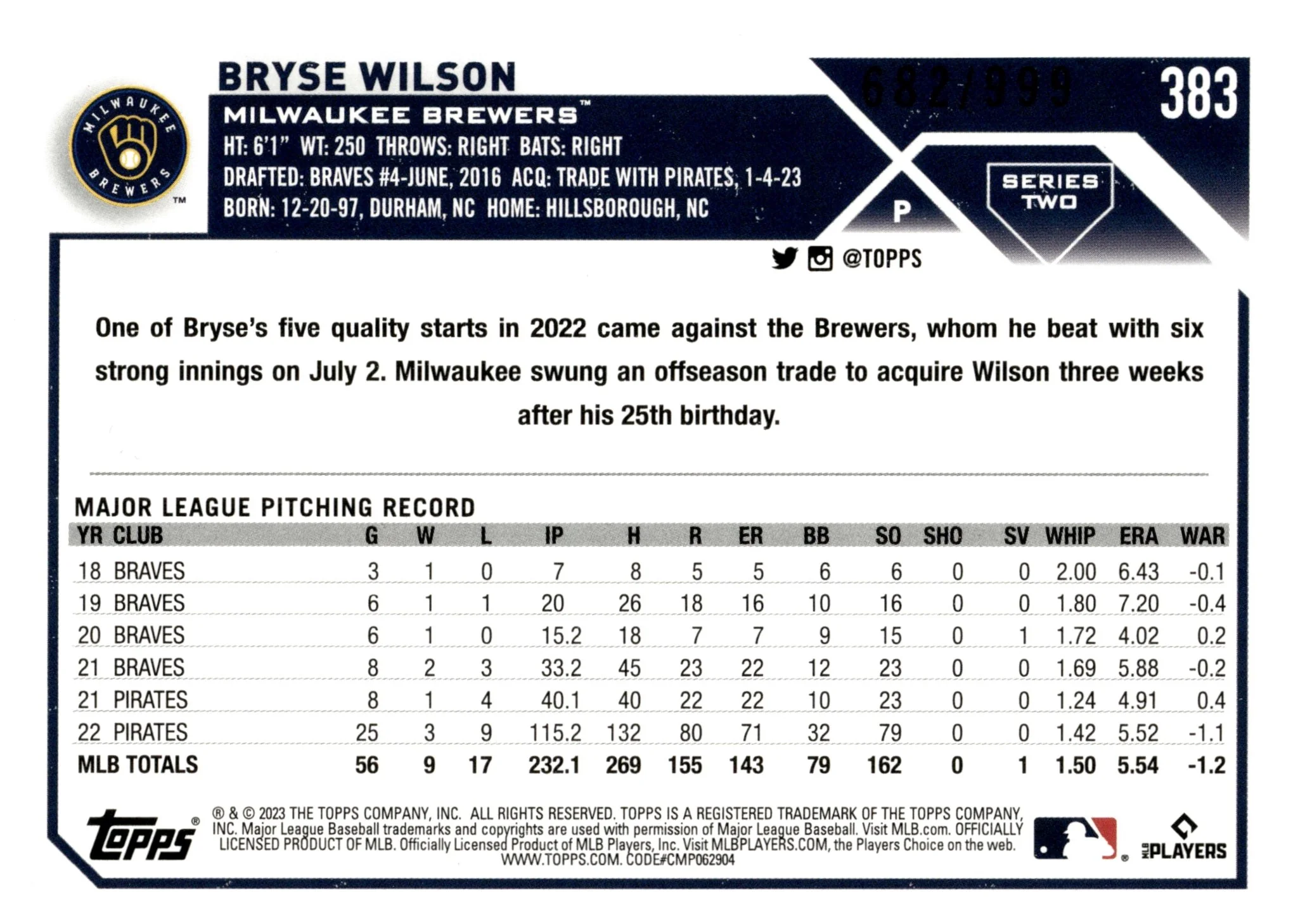 Bryse Wilson 2023 Topps Series 2 Blue Foilboard 682/999 #383