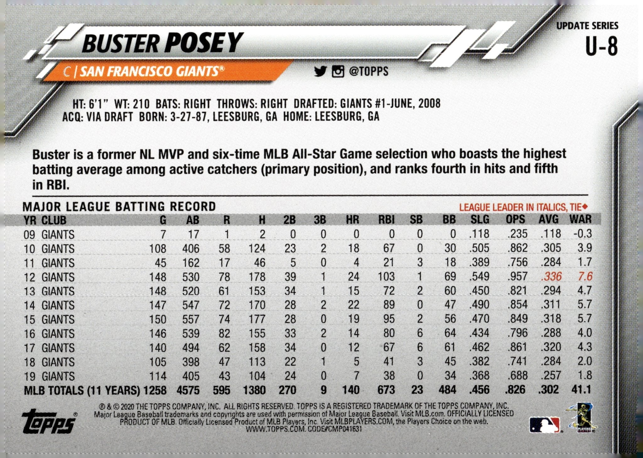 Buster Posey 2020 Topps Update Series #U-8
