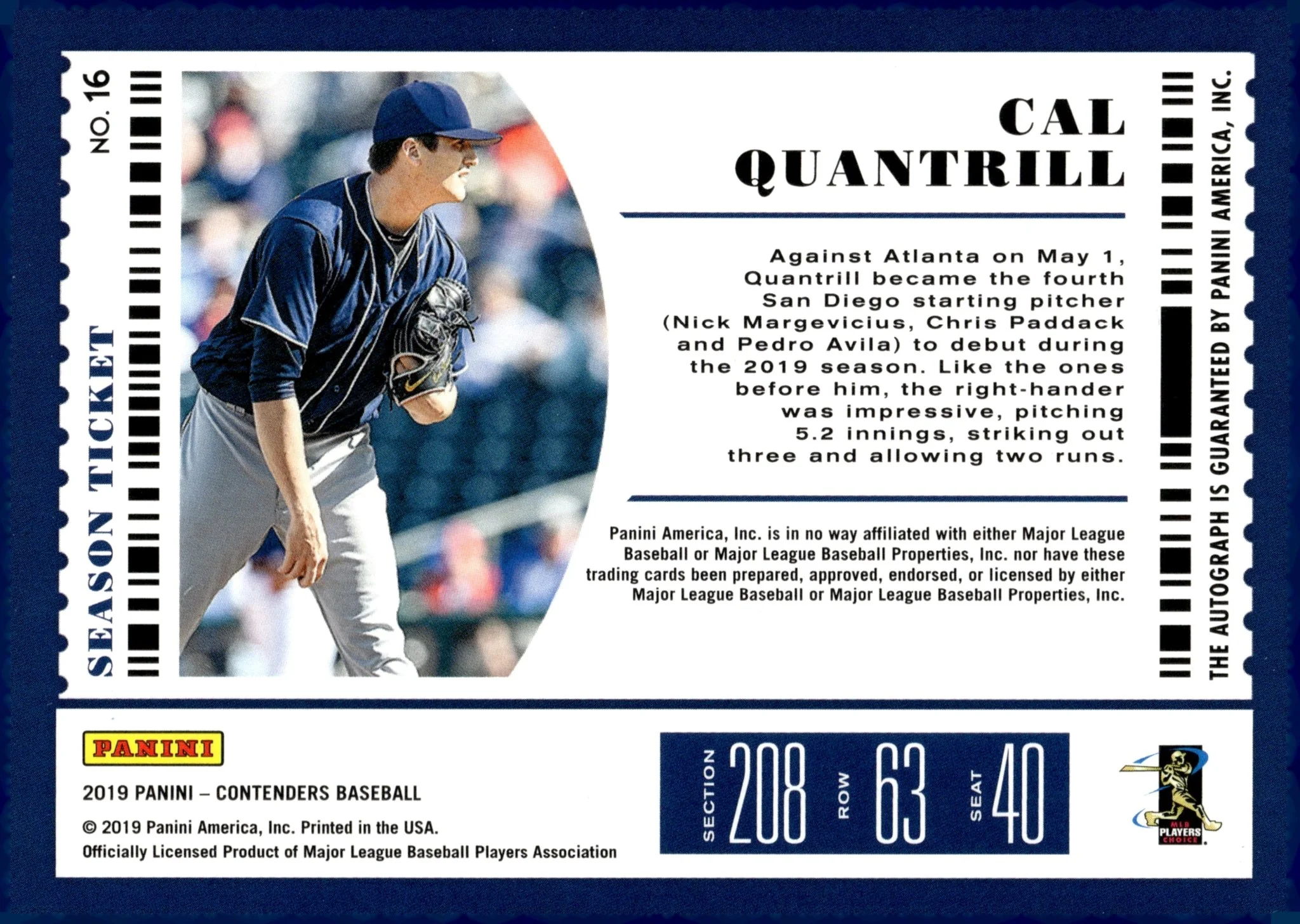 Cal Quantrill 2019 Panini Contenders Season Ticket RC Auto #16