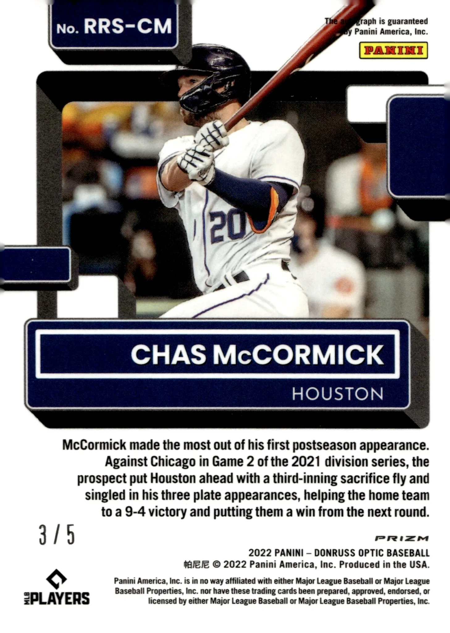 Chas McCormick 2022 Panini Donruss Optic Rated Rookie Green Prizm RC Auto 3/8
