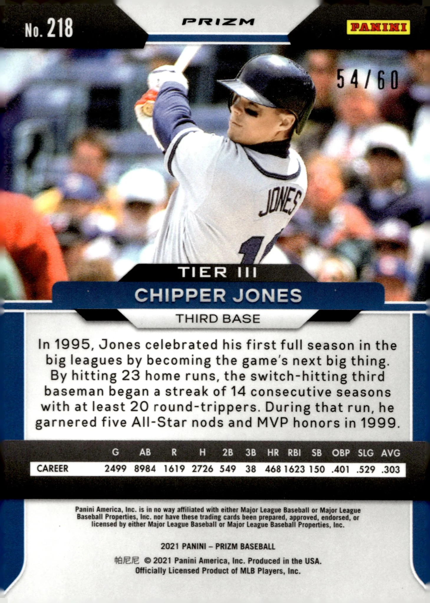 Chipper Jones 2021 Panini Prizm Blue Wave Prizm 54/60 #218