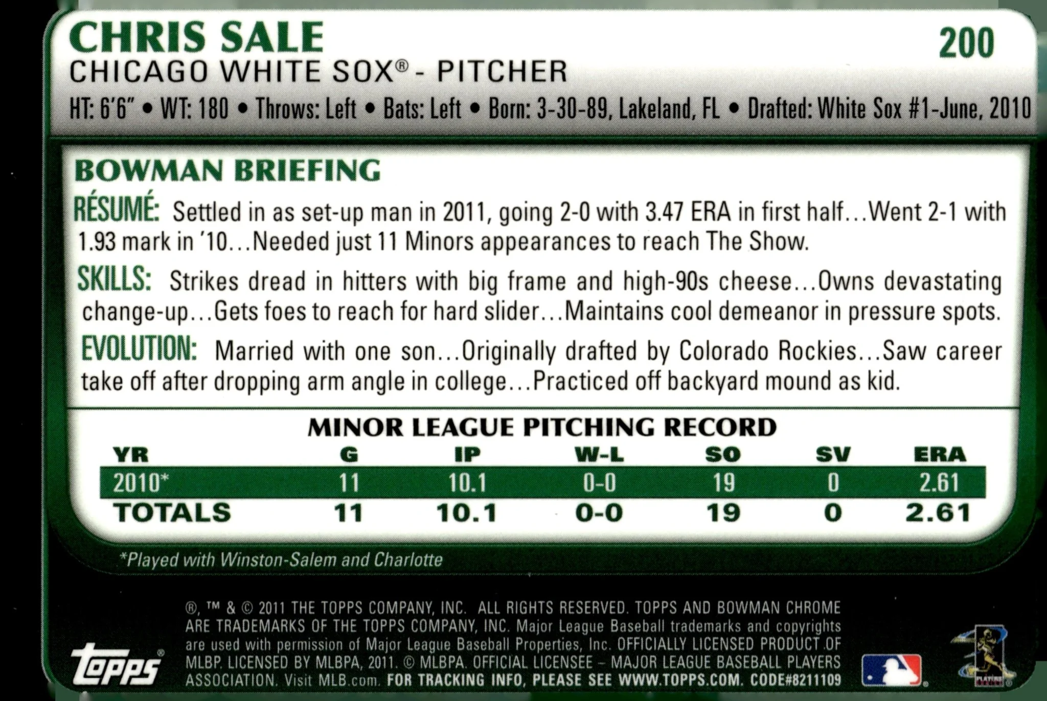Chris Sale 2011 Bowman Chrome RC #200