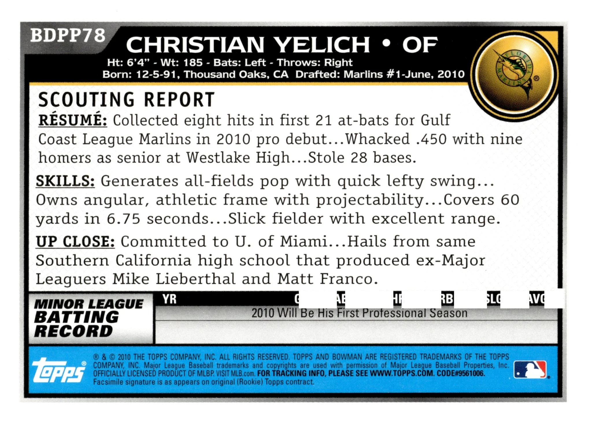 Christian Yelich 2010 Bowman 1st #BDPP78 #2