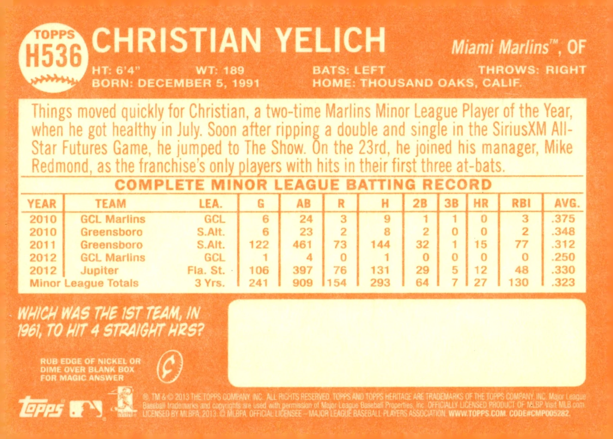 Christian Yelich 2013 Topps Heritage RC #H536