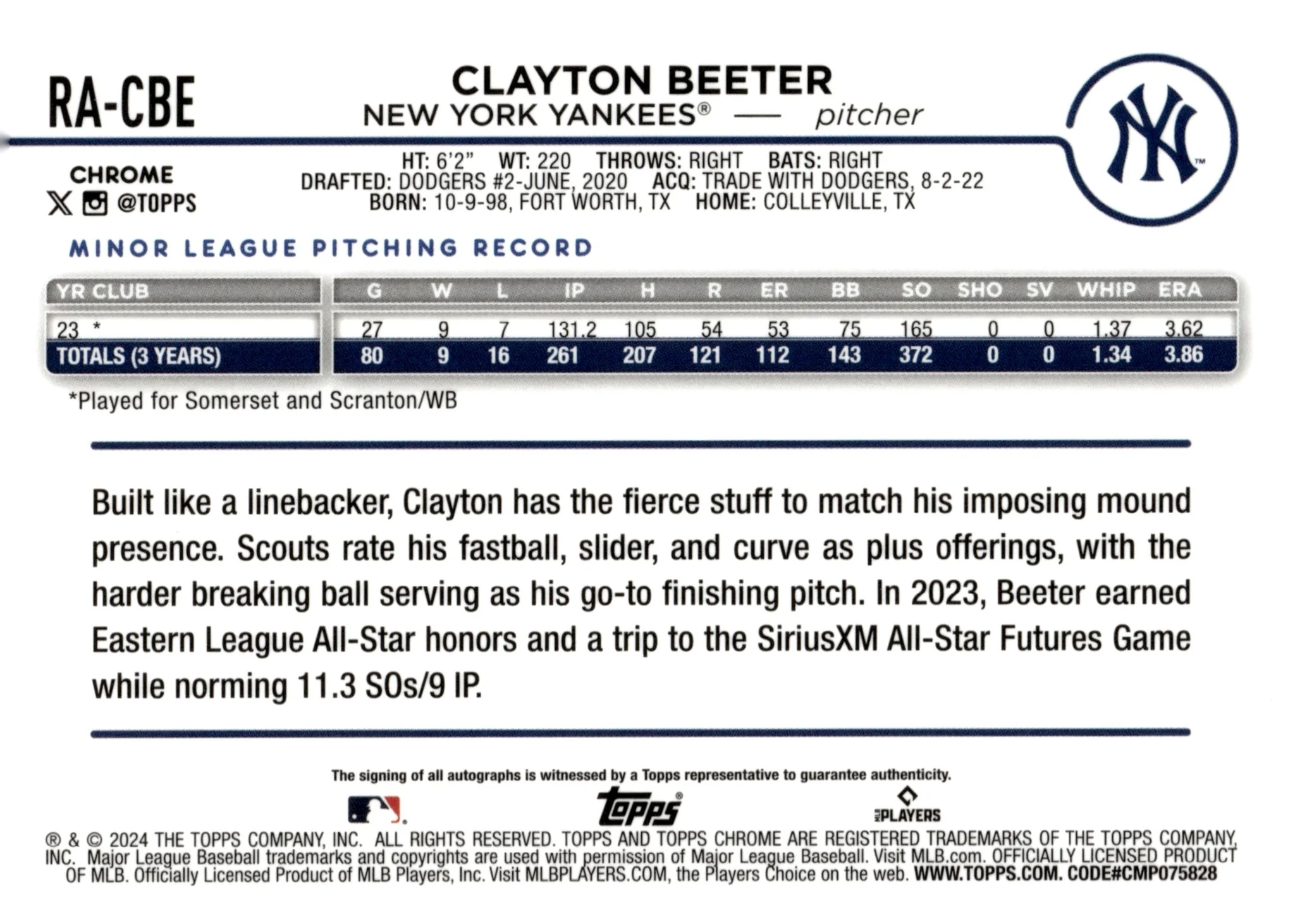 Clayton Beeter 2024 Topps Chrome RC Auto #RA-CBE