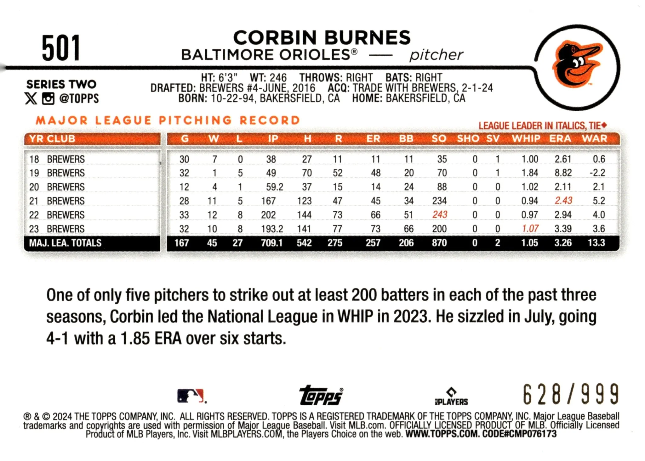 Corbin Burnes 2024 Topps Series 2 Blue Foil 628/999 #501