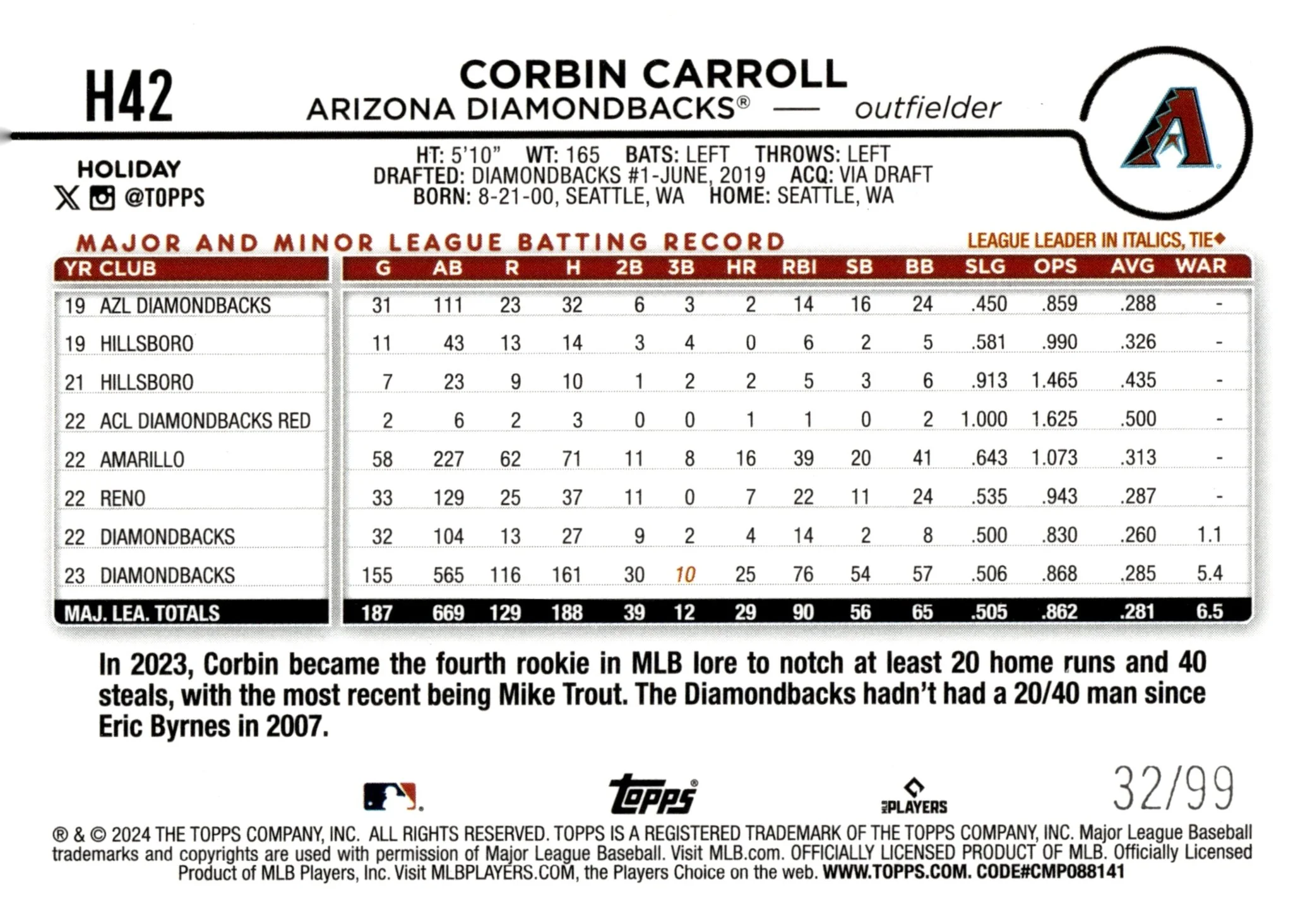 Corbin Carroll 2024 Topps Holiday Purple 32/99 #H42