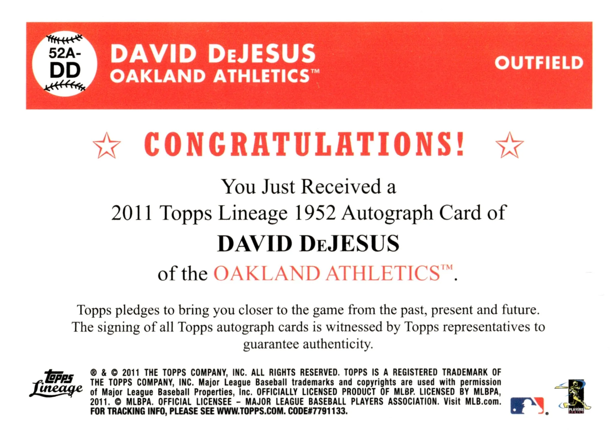 David DeJesus 2011 Topps Lineage Auto #52A-DD