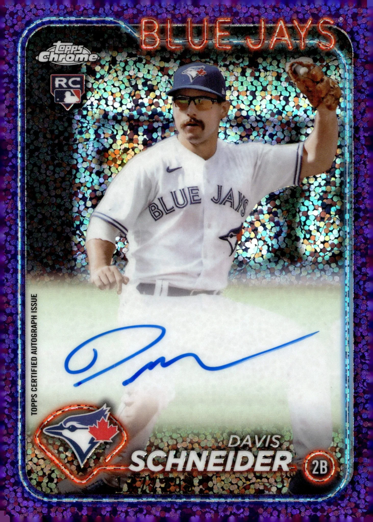 Davis Schneider 2024 Topps Chrome Purple Speckle Refractor RC Auto 177/299