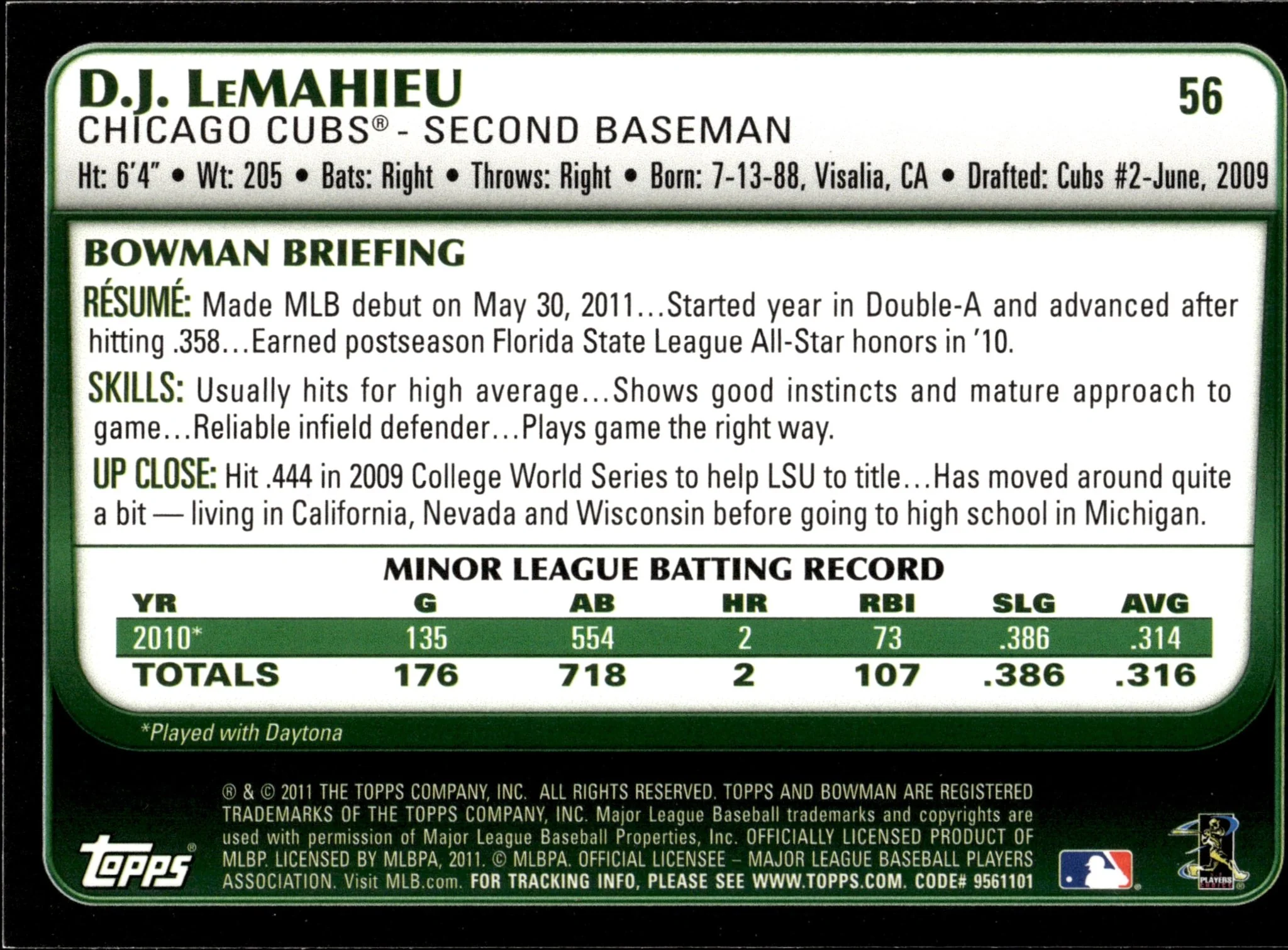 DJ LeMahieu 2011 Bowman RC #56