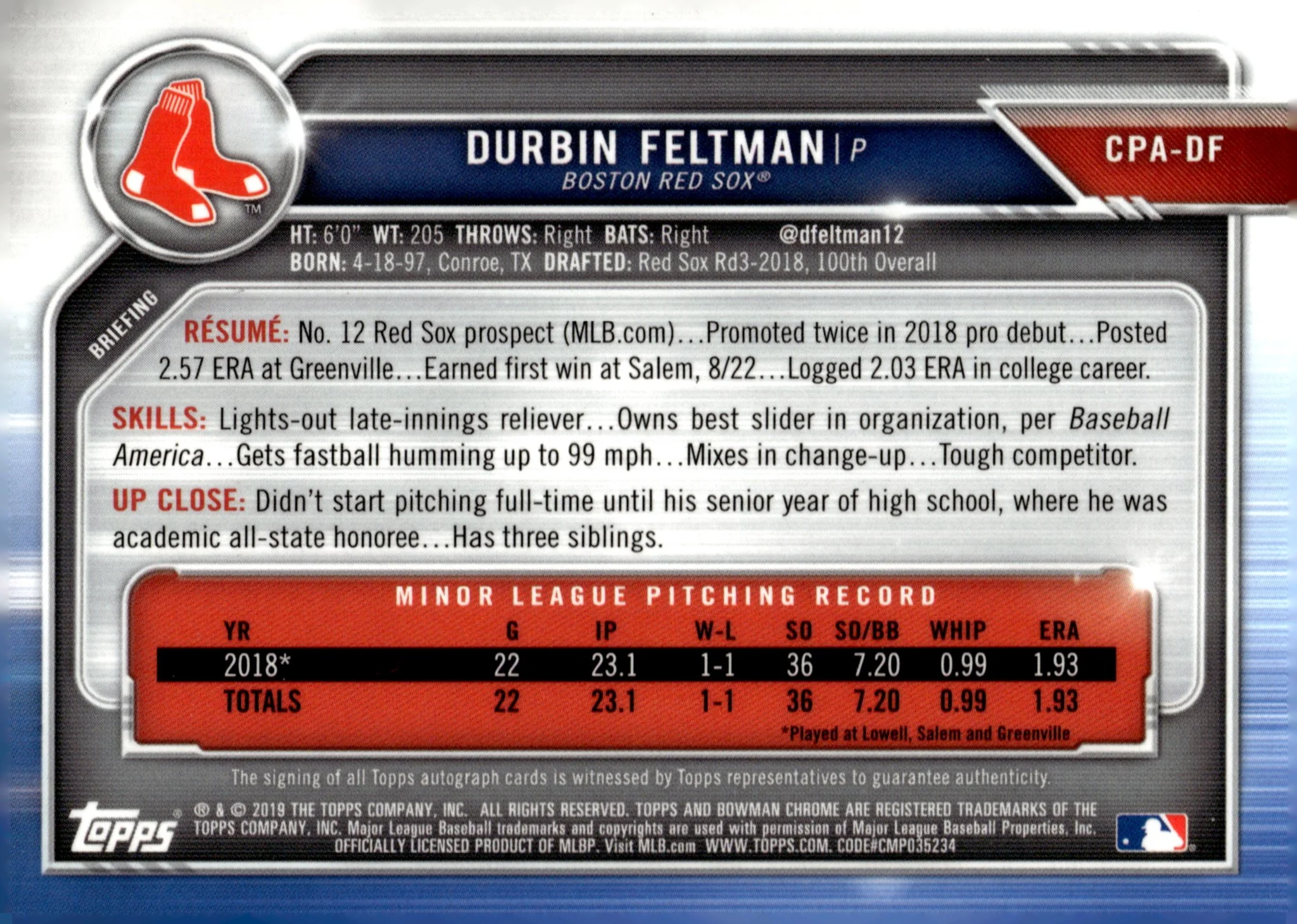 Durbin Feltman 2019 Bowman Chrome Purple Refractor Auto 137/250 #CPA-DF
