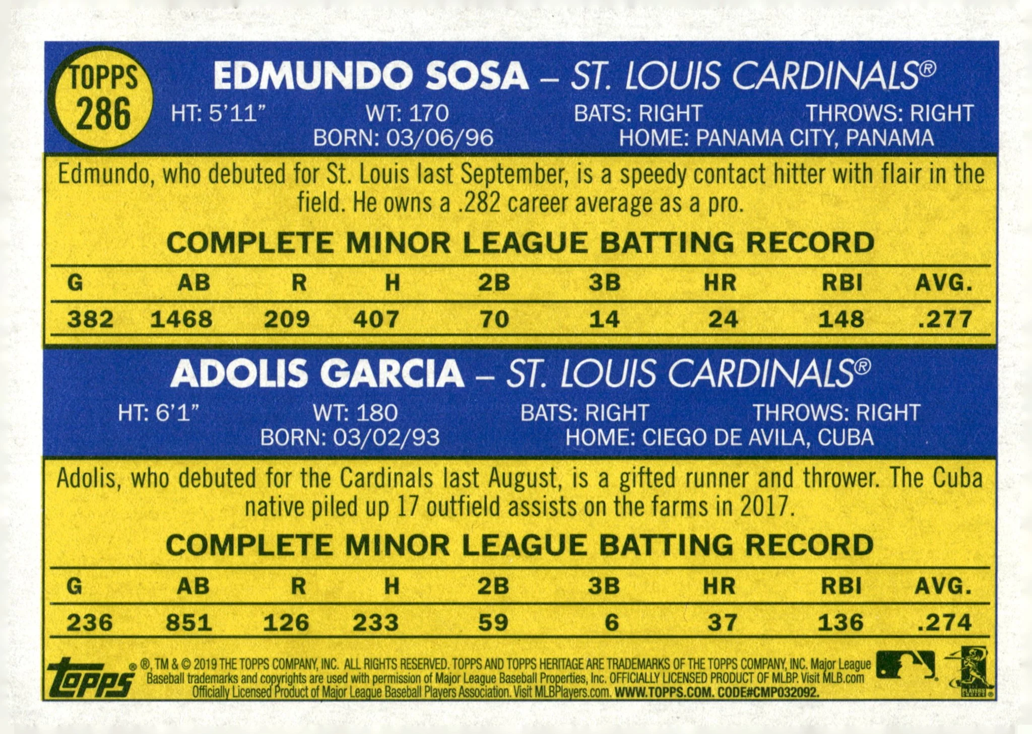 Edmundo Sosa / Adolis Garcia 2019 Topps Heritage Cardinals Rookie Stars RC #286