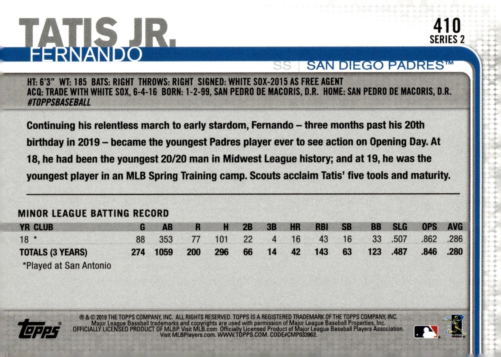 Fernando Tatis Jr. 2019 Topps Series 2 RC #410 #2