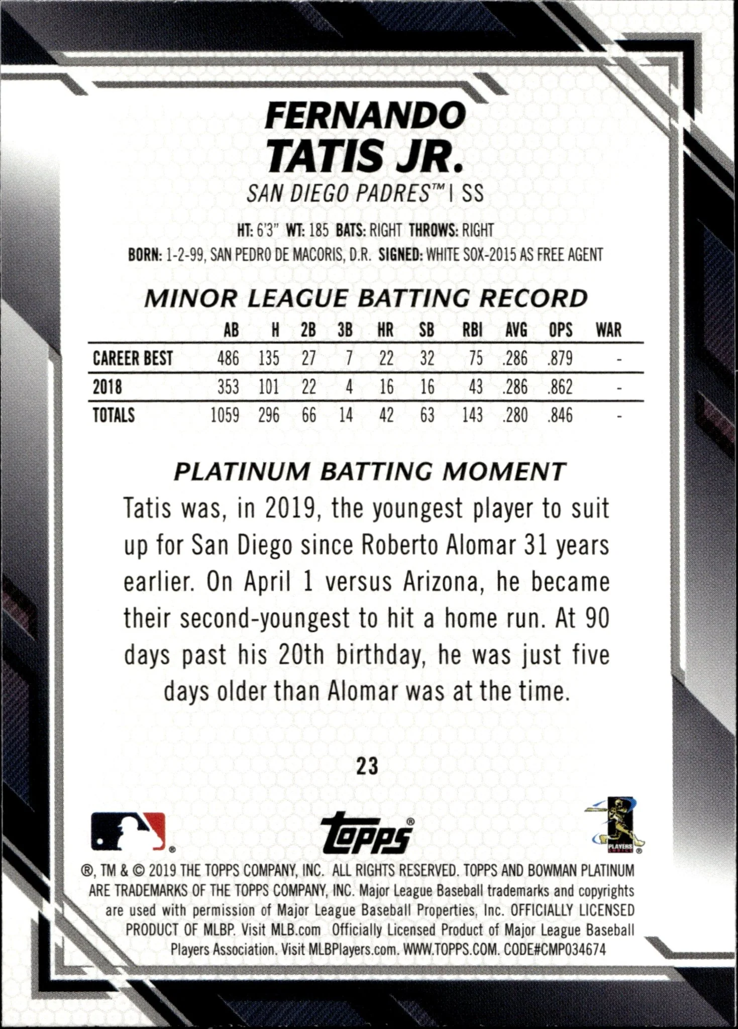 Fernando Tatis Jr. 2019 Bowman Platinum RC #23