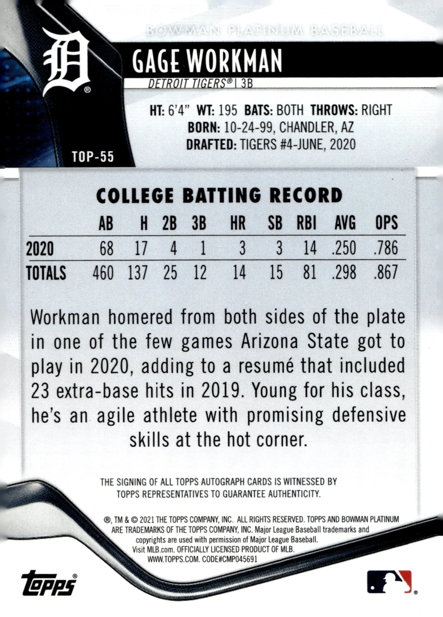 Gage Workman 2021 Bowman Platinum Red Auto 01/10 #TOP-55