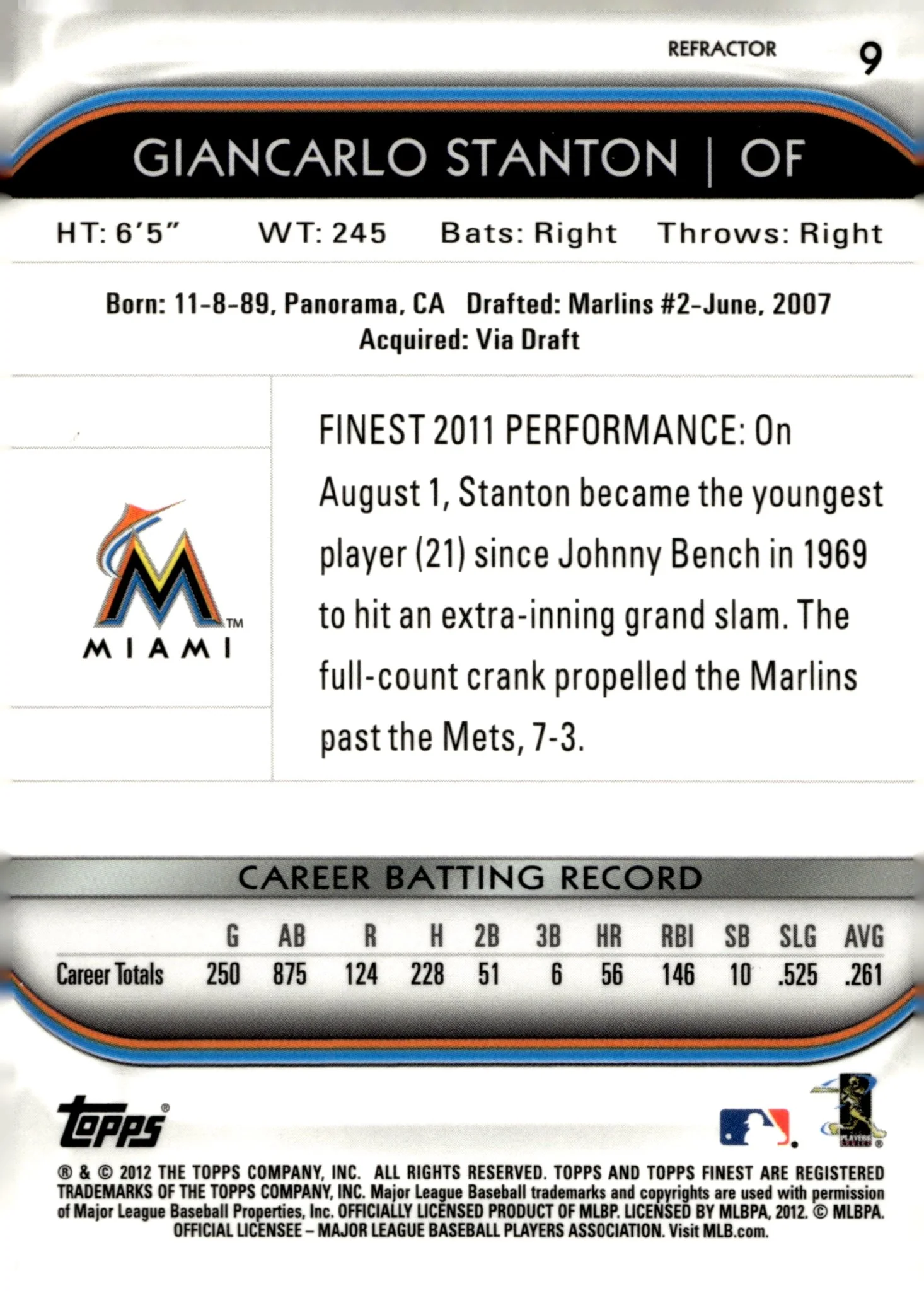 Giancarlo Stanton 2012 Topps Finest Refractor #9