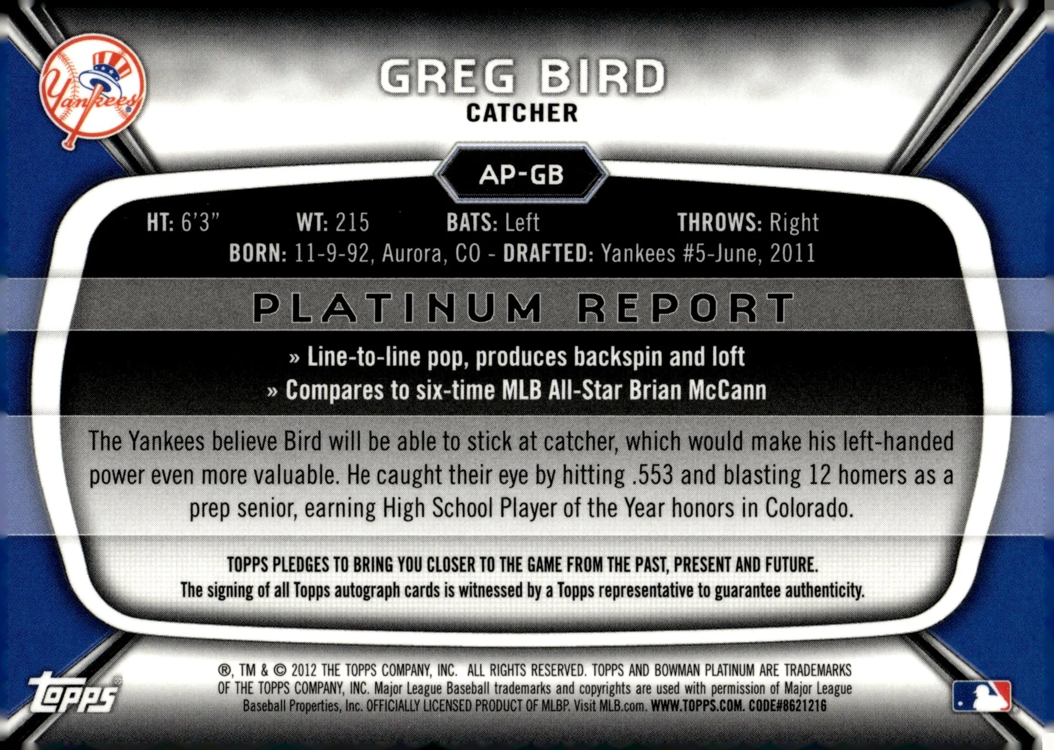 Greg Bird 2012 Bowman Platinum Refractor Auto #AP-GB