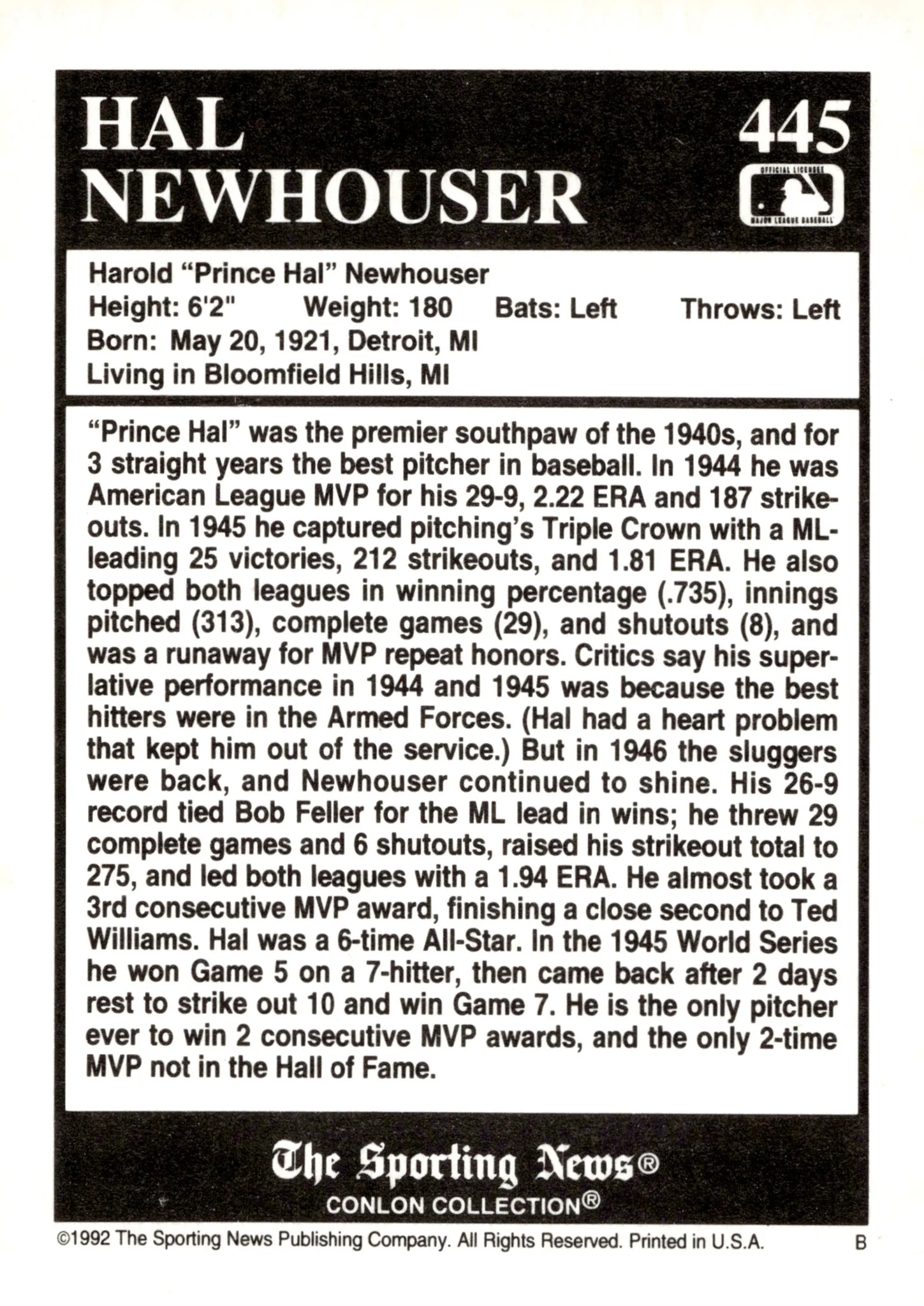 Hal Newhouser 1992 Conlon Sporting News with Non Certified Auto #445