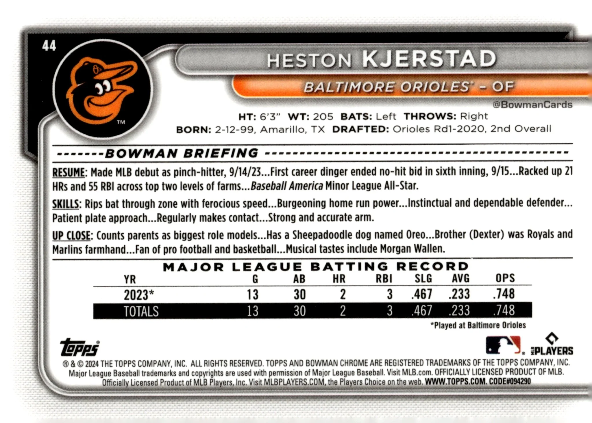 Heston Kjerstad 2024 Bowman Chrome Aqua Mojo Refractor RC 094/299 #44