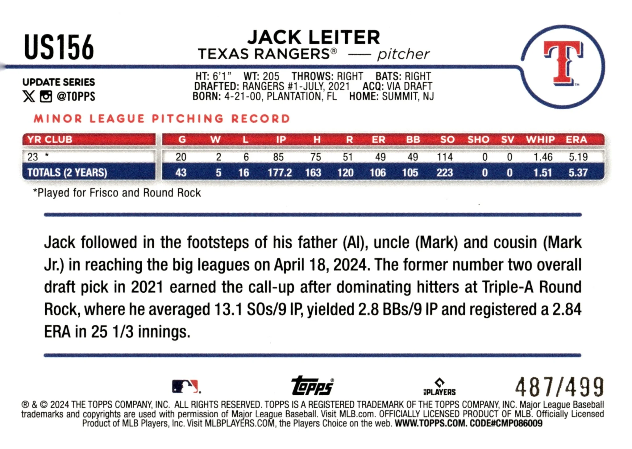 Jack Leiter  2024 Topps Update Series Green Foilboard RC 487/499 #US156