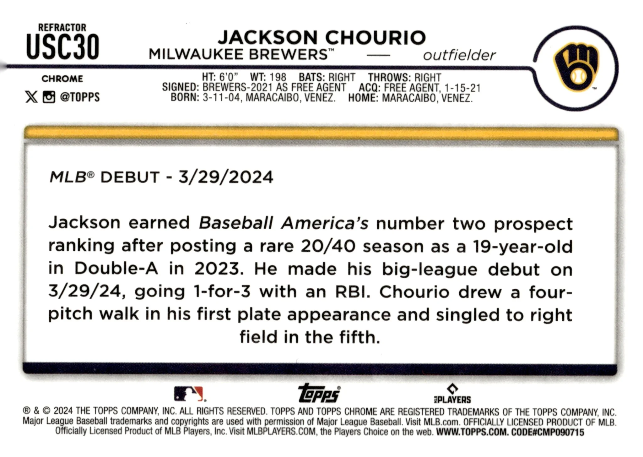 Jackson Chourio 2024 Topps Chrome Hyper Refractor RC #USC30