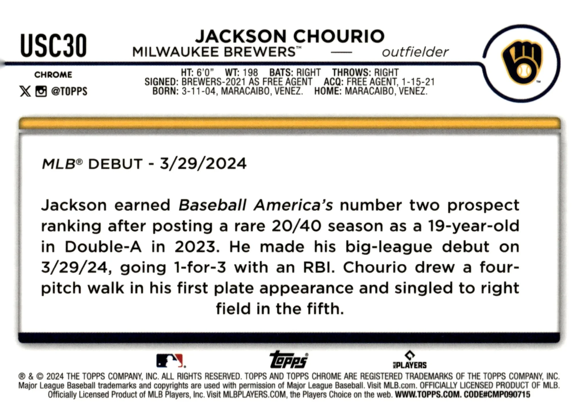 Jackson Chourio 2024 Topps Chrome Xfractor Refractor RC #USC30 #2