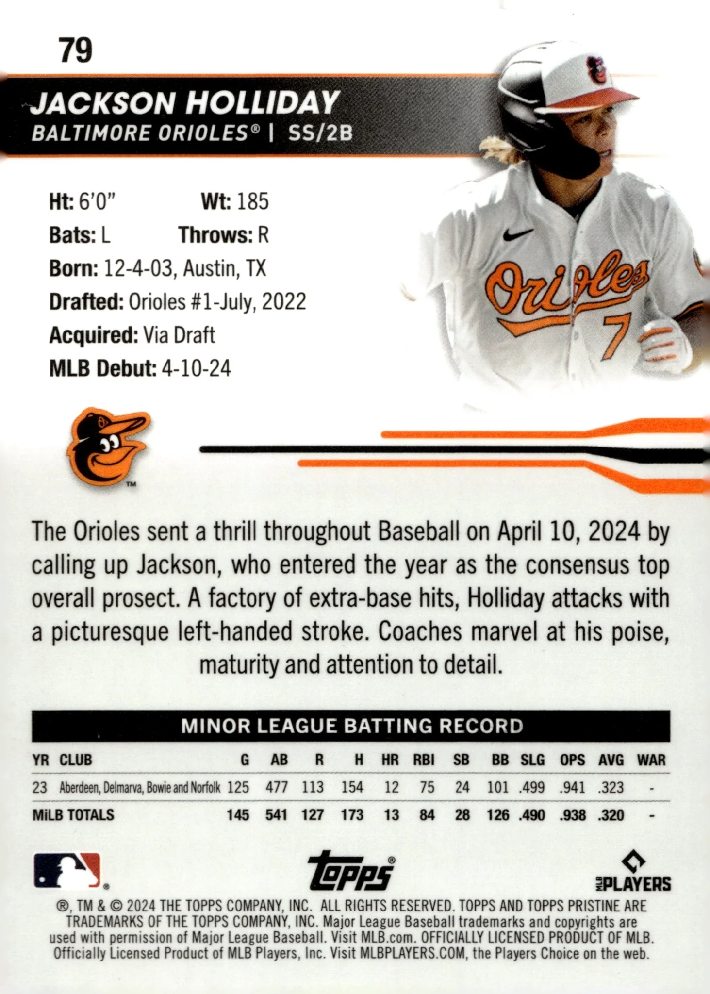 Jackson Holliday 2024 Topps Pristine RC #79