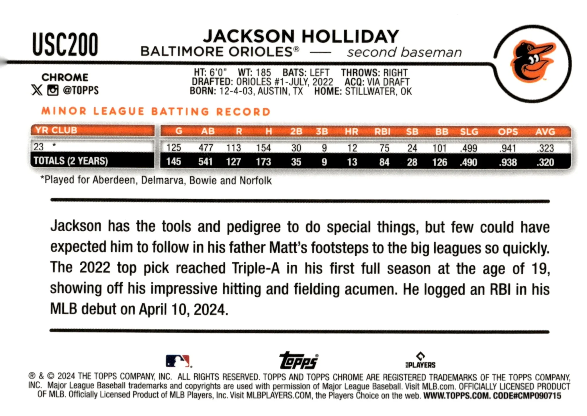 Jackson Holliday 2024 Topps Chrome RC #USC200 #3