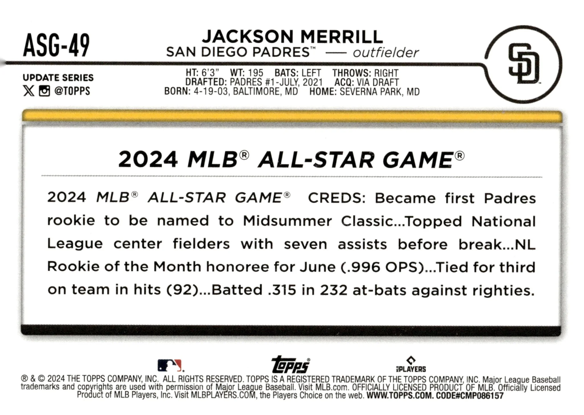 Jackson Merrill 2024 Topps Update Series RC #ASG-49 #2