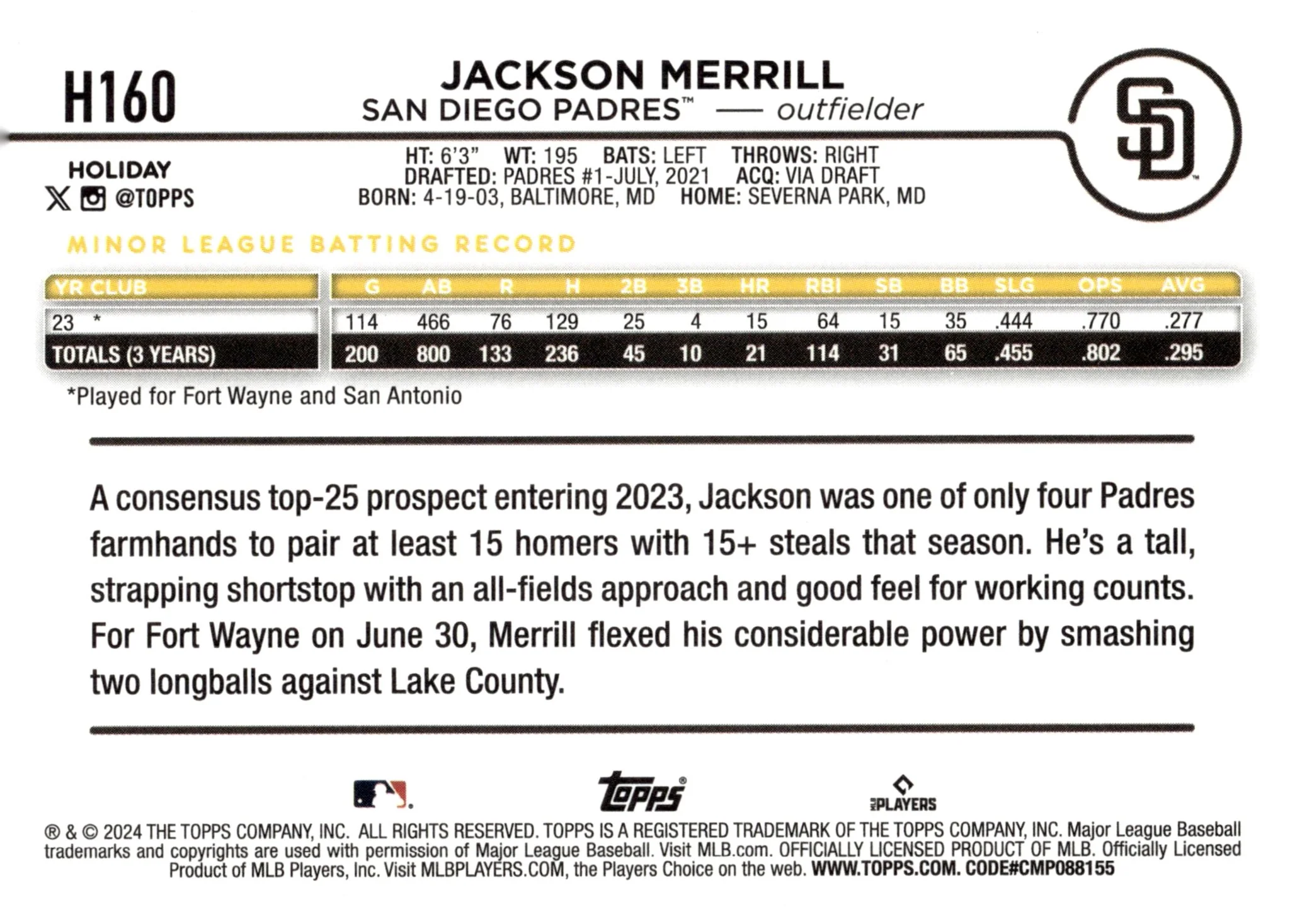 Jackson Merrill 2024 Topps Holiday Blue RC #H160 #1