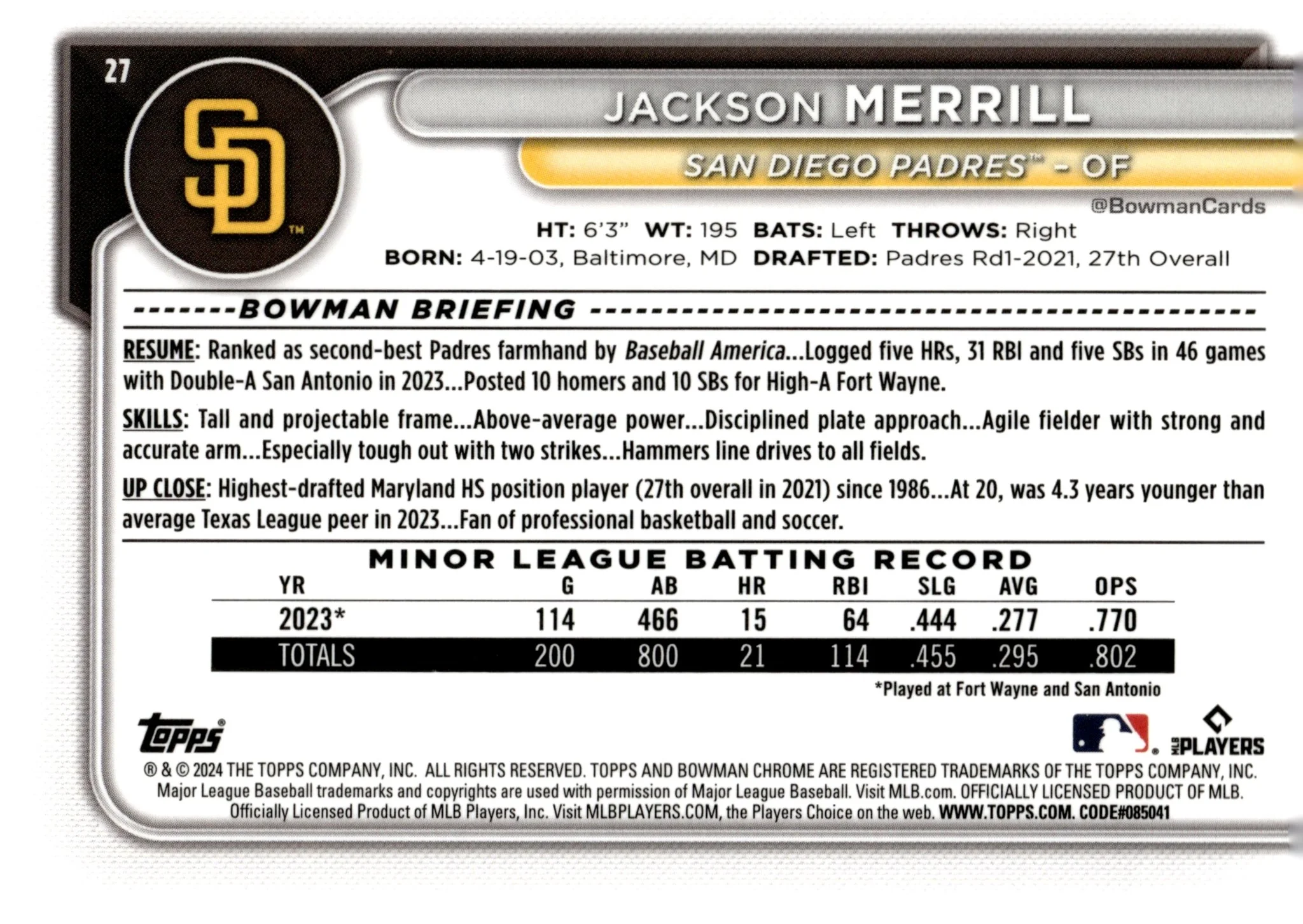 Jackson Merrill 2024 Bowman Chrome RC #27 #1