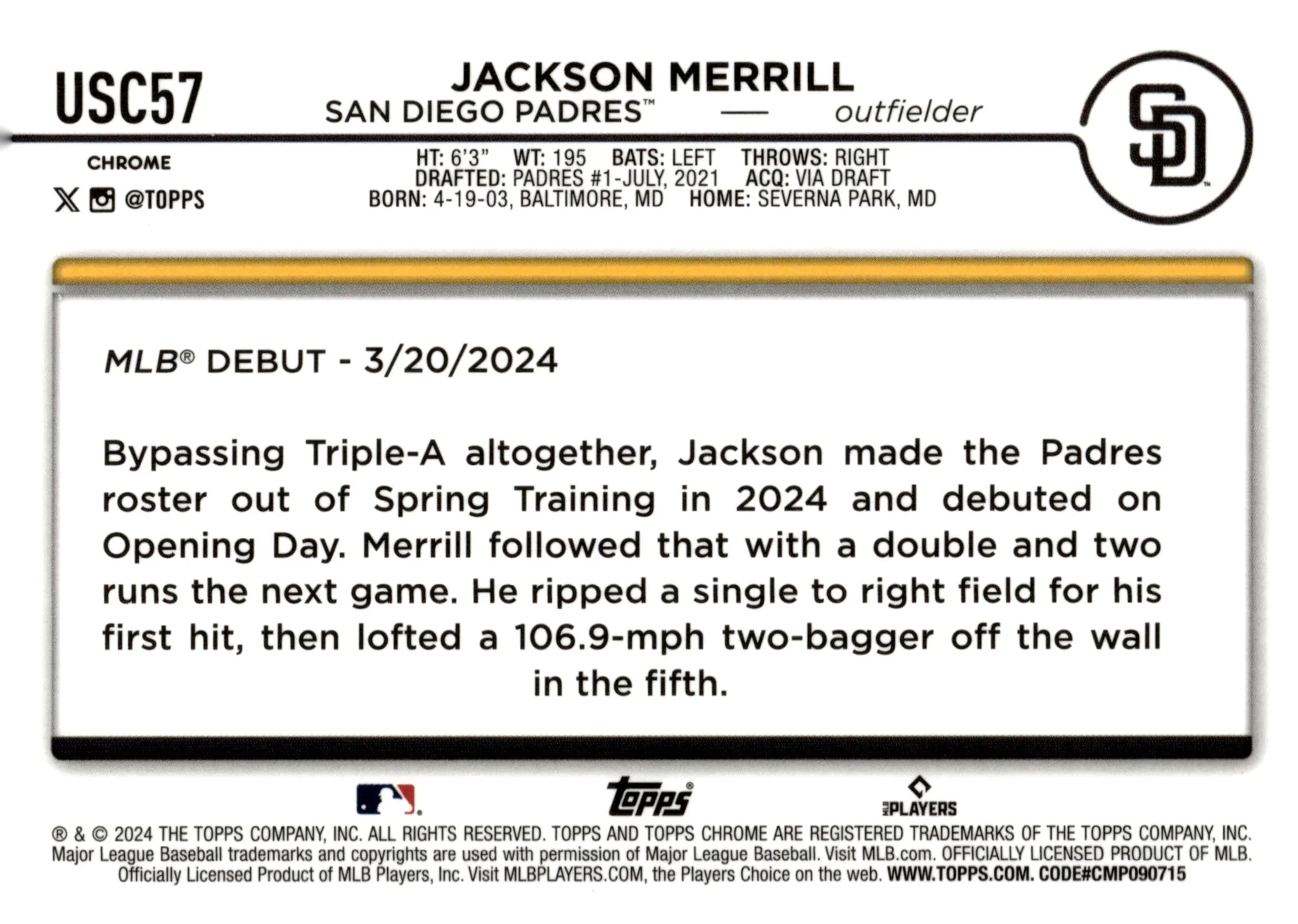 Jackson Merrill 2024 Topps Chrome Xfractor Refractor RC #USC57